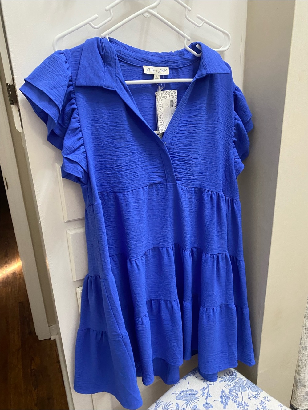 NWT She + Sky Cobalt Blue Tiered V-Neck Flutter dress